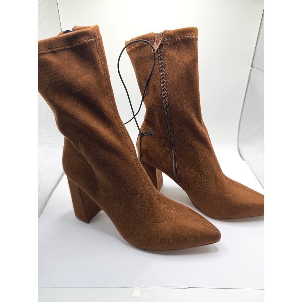 Express Womens Cognac Brown Faux Suede Pointed Toe Block Heel Sock Boots 7 NEW